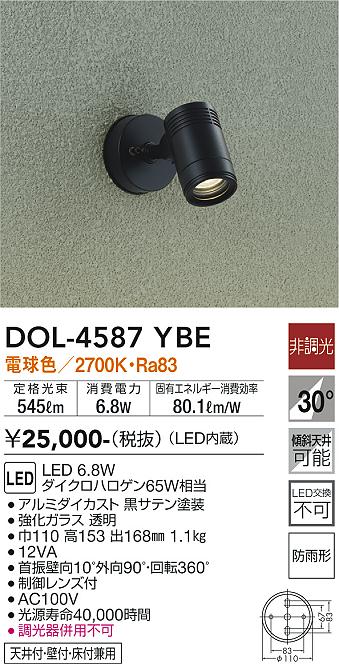 安心のメーカー保証【インボイス対応店】屋外灯 スポットライト DOL4587YBE LED  大光電機の画像