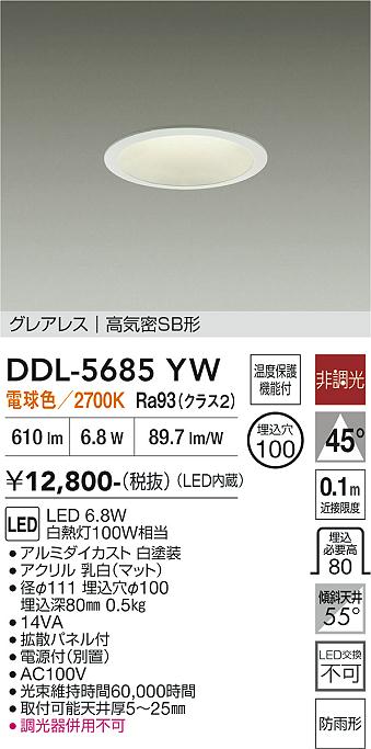 安心のメーカー保証【インボイス対応店】屋外灯 ダウンライト DDL5685YW LED  大光電機の画像