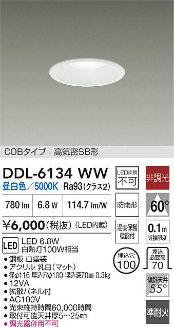 安心のメーカー保証【インボイス対応店】屋外灯 ダウンライト DDL6134WW COBタイプ LED  大光電機の画像