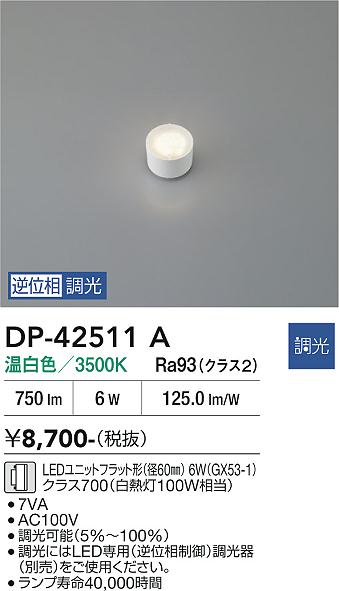 安心のメーカー保証【インボイス対応店】ランプ類 DP42511A LEDユニットフラット形 LED  大光電機の画像