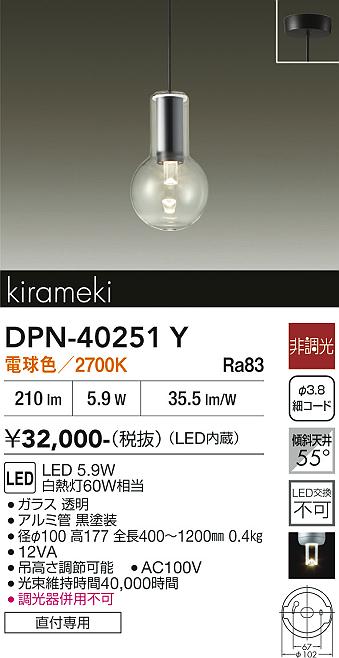 安心のメーカー保証【インボイス対応店】ペンダント DPN40251Y LED  大光電機 送料無料の画像