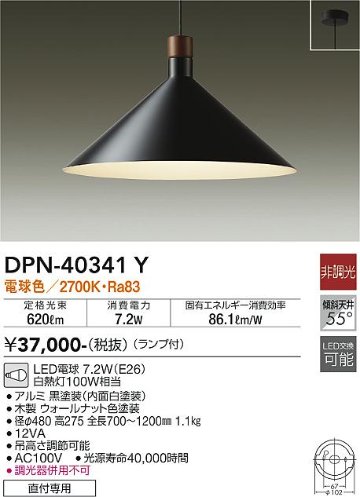 安心のメーカー保証【インボイス対応店】ペンダント DPN-40341Y LED  大光電機 送料無料画像