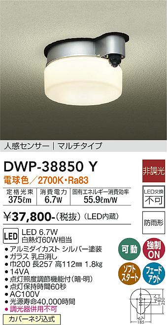 安心のメーカー保証【インボイス対応店】ポーチライト DWP-38850Y LED  大光電機 送料無料画像