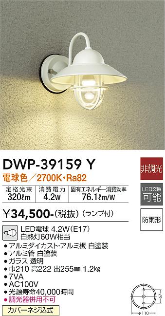 安心のメーカー保証【インボイス対応店】ポーチライト DWP-39159Y LED  大光電機 送料無料画像