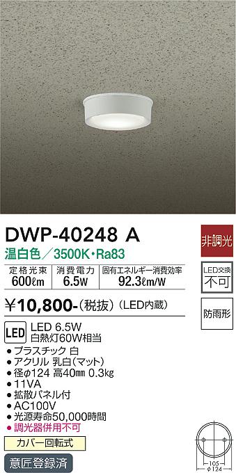 ポーチライト 軒下用 DWP-40248A LED  大光電機画像