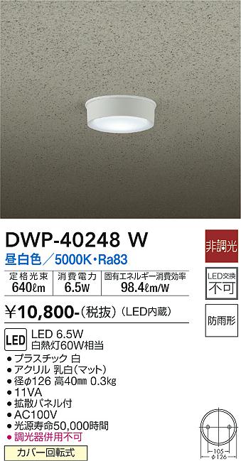 安心のメーカー保証【インボイス対応店】ポーチライト 軒下用 DWP-40248W LED  大光電機画像