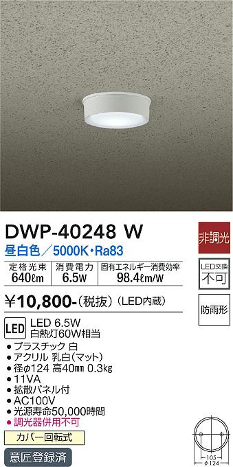 安心のメーカー保証【インボイス対応店】ポーチライト 軒下用 DWP-40248W LED  大光電機画像