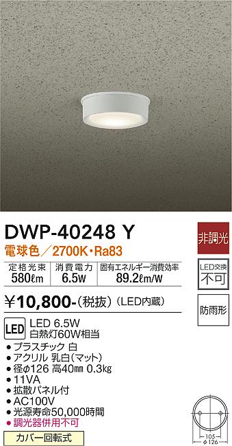 安心のメーカー保証【インボイス対応店】ポーチライト 軒下用 DWP-40248Y LED  大光電機画像