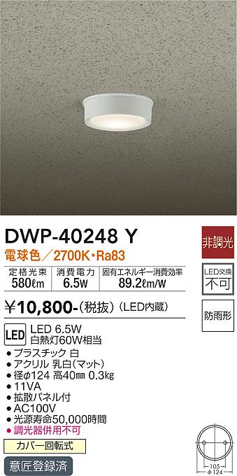 安心のメーカー保証【インボイス対応店】ポーチライト 軒下用 DWP-40248Y LED  大光電機画像
