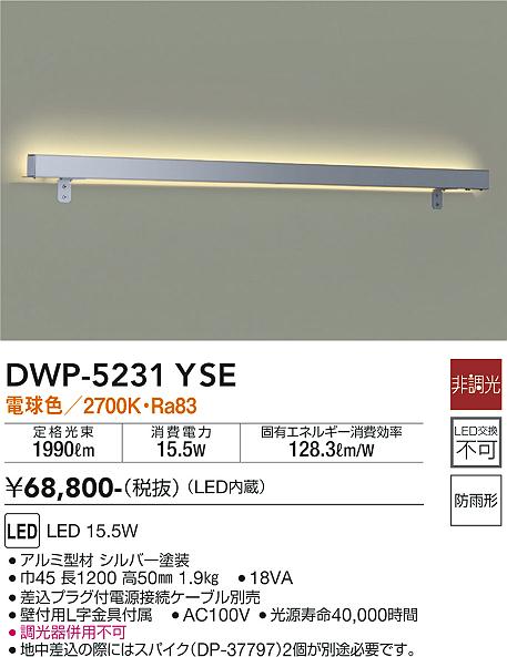 屋外灯 その他屋外灯 DWP-5231YSE 専用電源接続ケーブル必要 LED  大光電機 送料無料画像