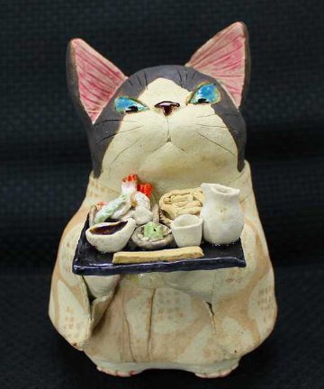 岡村洋子 作 天ざる おそば屋さん 商店猫 ねこども 猫の焼き物たち 皿や器や招き猫画像