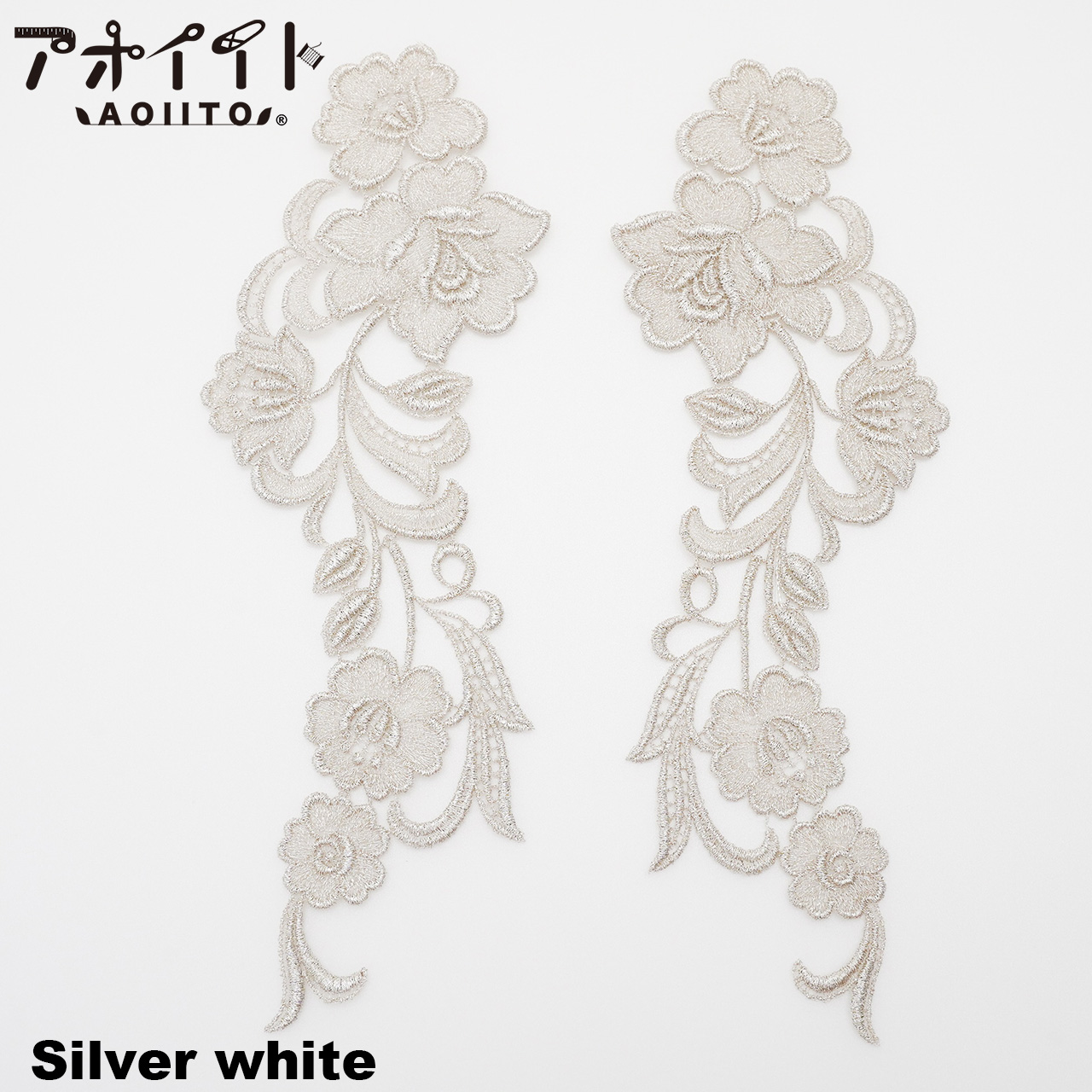 【101】ケミカルレースモチーフ・金銀白黒の花柄Aペア刺繍モチーフ画像