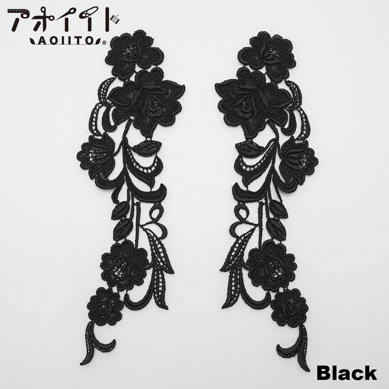 【101】ケミカルレースモチーフ・金銀白黒の花柄Aペア刺繍モチーフ画像