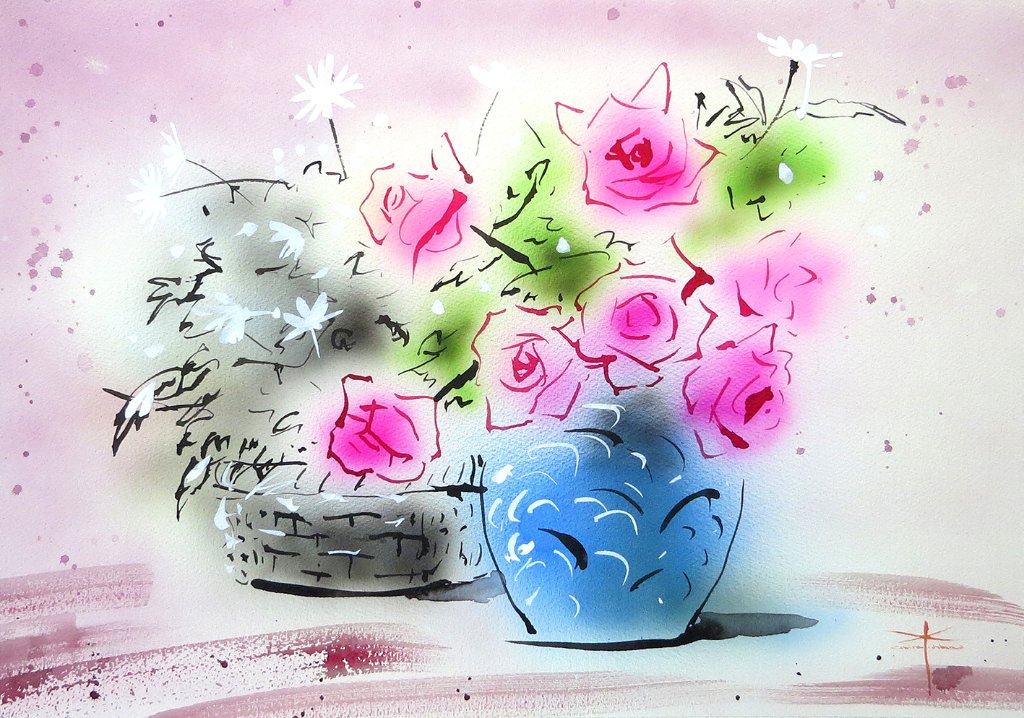 バラとマーガレット　＜原画＞の画像