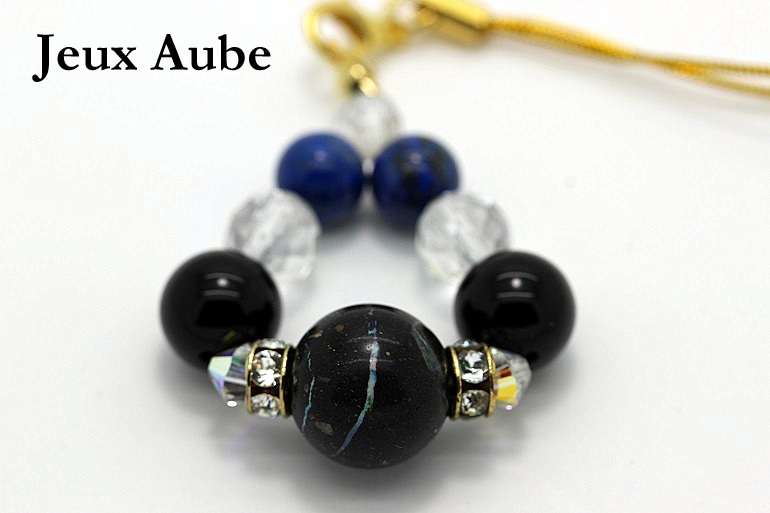 ＜完売＞完全に悪をシャットアウト！デビルサンダー（ブラックオパール）入り オニキス ラピスラズリ ストラップ 天然石パワーストーンの画像