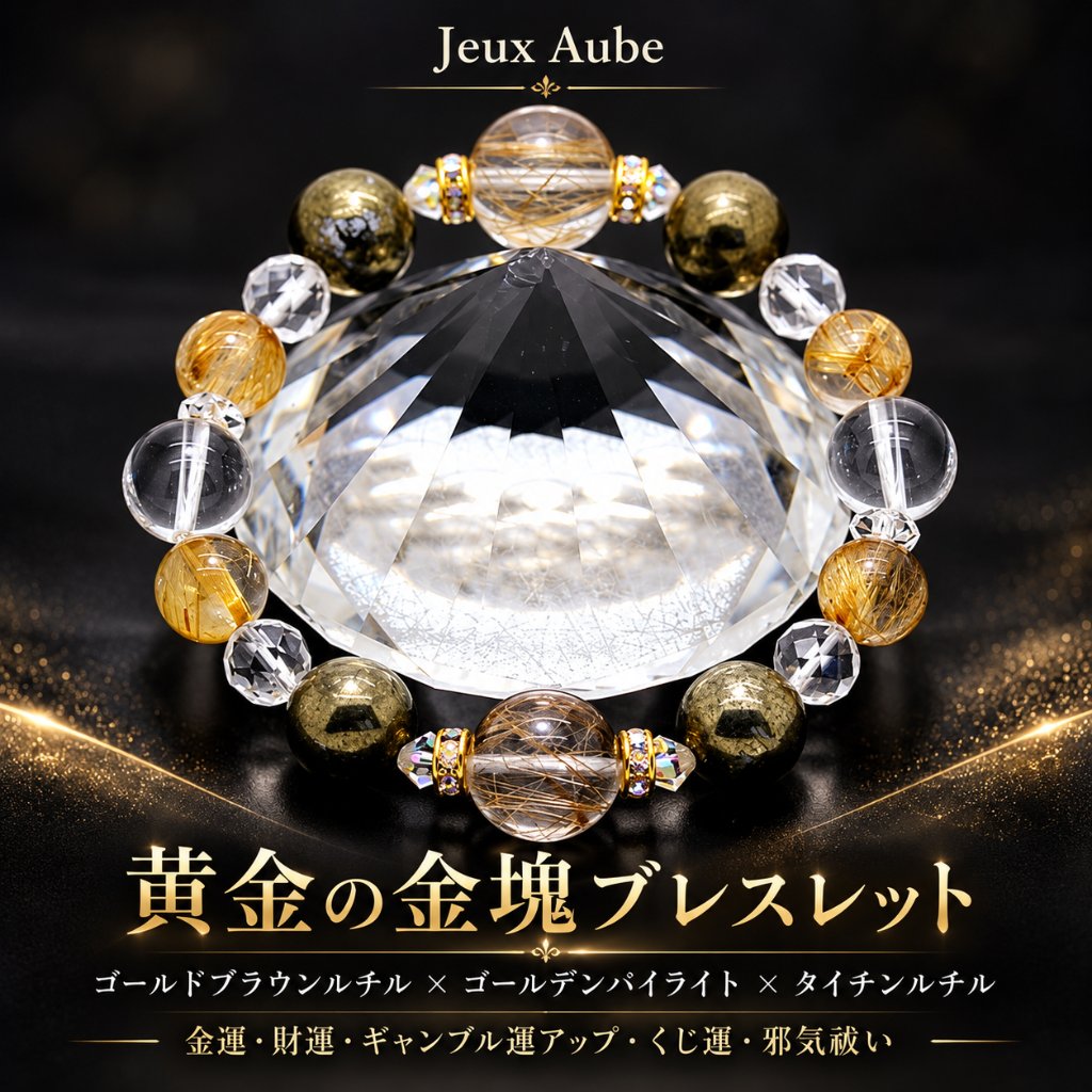 【黄金の金塊ブレスレット】金運・財運・ギャンブル運・くじ運・邪気祓い｜ゴールドブラウンルチル×ゴールデンパイライト×タイチンルチル｜天然石パワーストーン通販 ジュ・オの画像