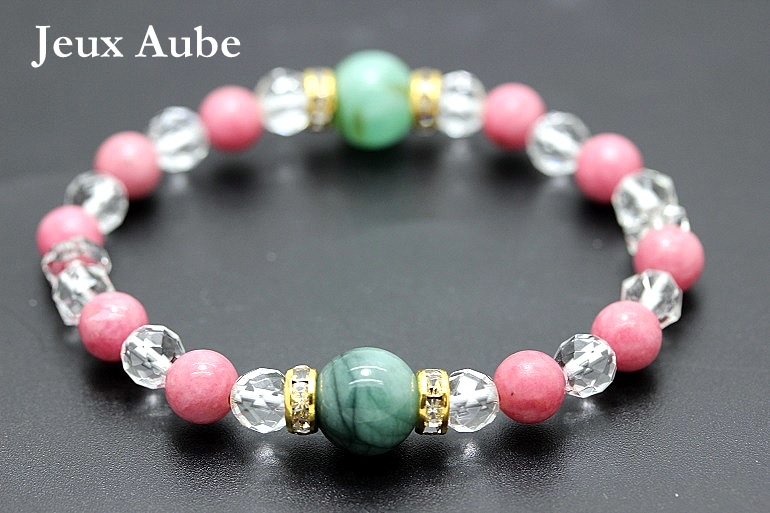  ＜完売＞幸運 幸福 恋愛のチャンスをたらす 魔除け 癒し 細身ブレスレット 世界四大宝石の一つエメラルド入り ロードナイト 天然石 パワーストーン 通販 ジュ・オーヴの画像