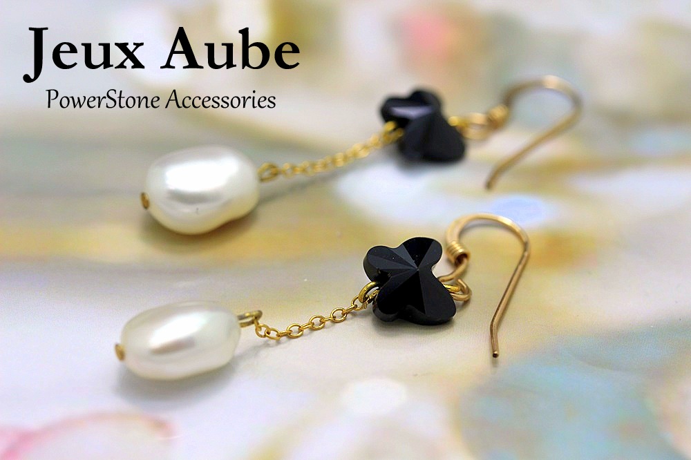 ＜完売＞子宝 子育て 健康 女性のお守り 魔除け 悪縁切り 淡水パール＆オニキス 蝶々（バタフライカット） ピアス  14KGF 天然石 パワーストーンの画像