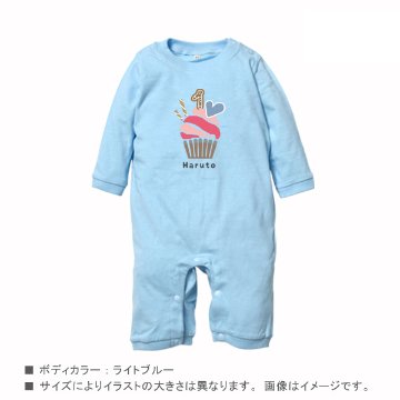 人気 出産祝い 1歳 1/2 誕生日 長袖 ロンパース [ カップケーキ ] 名入れ ベビー服 贈り物 ギフト 御祝い ハーフ ファースト バースデー one half 赤ちゃんの画像