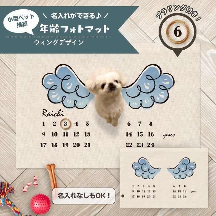 【小型ペット用】年齢フォトマット　ウィングデザイン　[ wing ]   翼 羽 天使 エンジェル 名入れ 犬 猫 小動物 うさぎ オシャレ 人気 映え 写真 撮影アイテムの画像