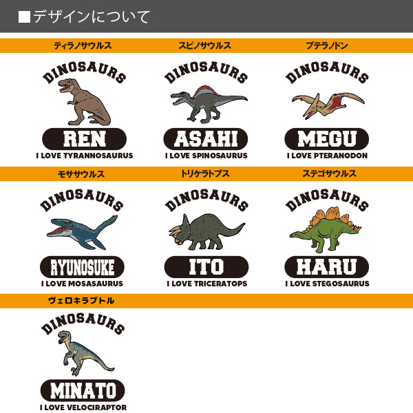 名前入り  長袖 トレーナー［ ダイナソー ] プレゼント 恐竜 出産祝い ティラノサウルス スピノサウルス プテラノドン モササウルス トリケラトプス ステゴザウルス ヴェロキラプトルの画像