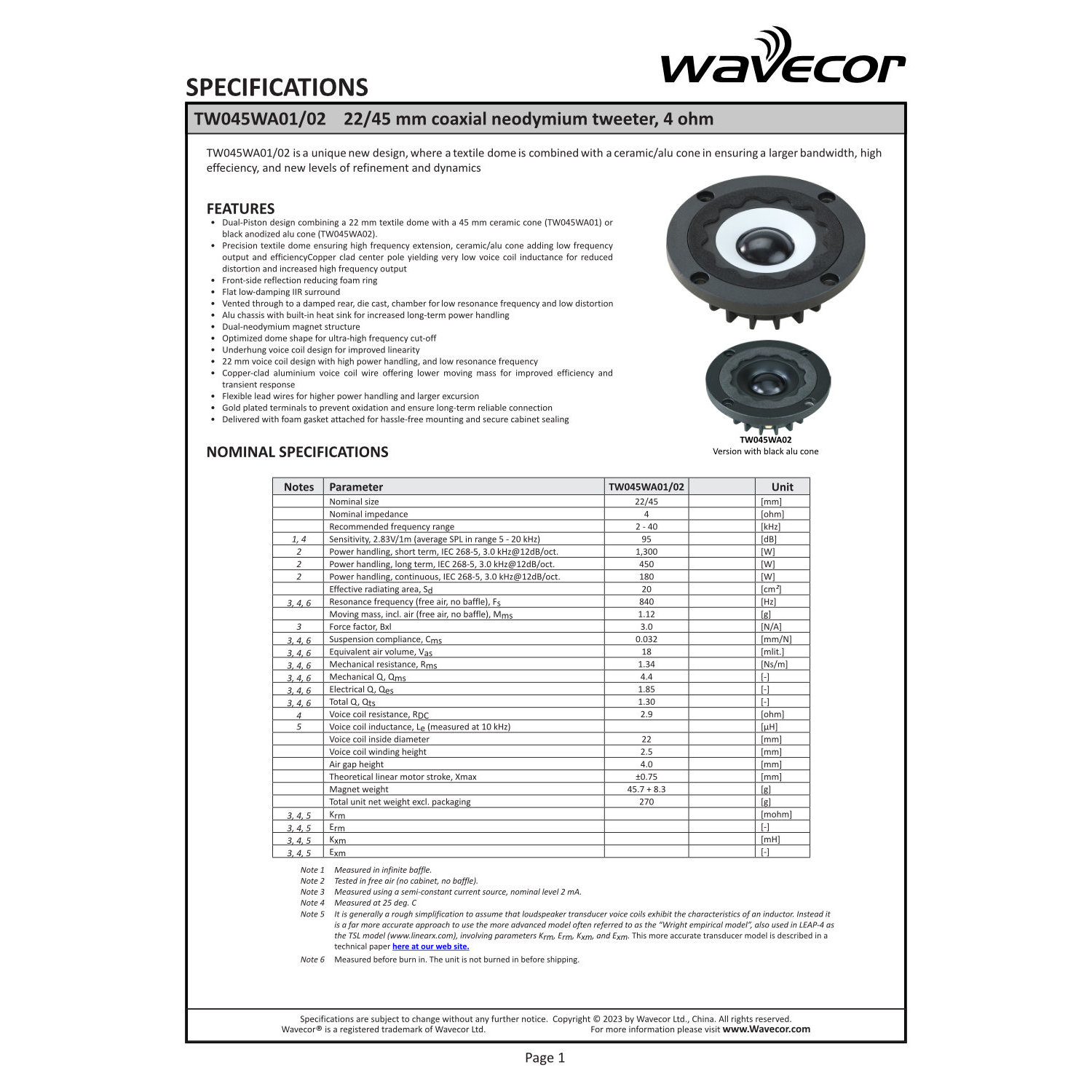 Wavecor TW045WA02-4（ペア）の画像