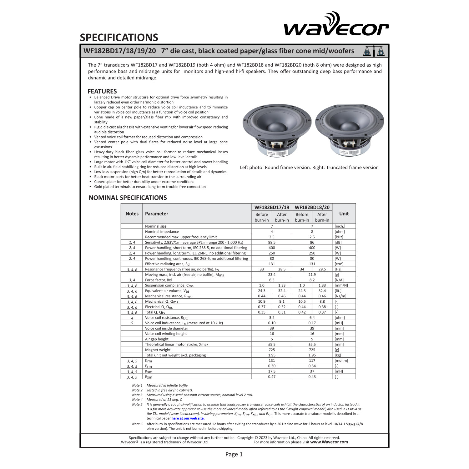 Wavecor WF182BD17-4（ペア）の画像