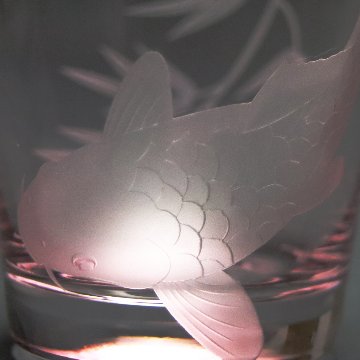 蕨硝子　緑陰の鯉　鯉のロックグラス　ピンク　ラスターガラス　の画像