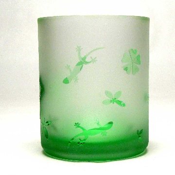 ヤモリの見た夢　蕨硝子　被せガラス　緑　ロックグラス画像