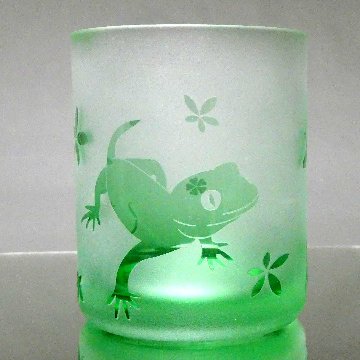 ヤモリの見た夢　蕨硝子　被せガラス　緑　ロックグラス画像