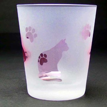 ネコのロックグラス　ピンク色　ラスターガラス　蕨硝子画像