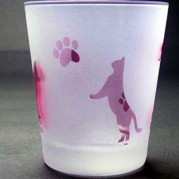 ネコのロックグラス　ピンク色　ラスターガラス　蕨硝子画像