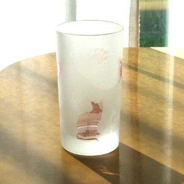 ネコのタンブラ－　ピンク色　ラスターガラス　蕨硝子画像