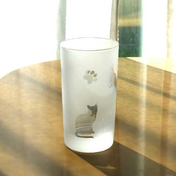 ネコのタンブラ－　ブルー色　ラスターガラス　蕨硝子画像