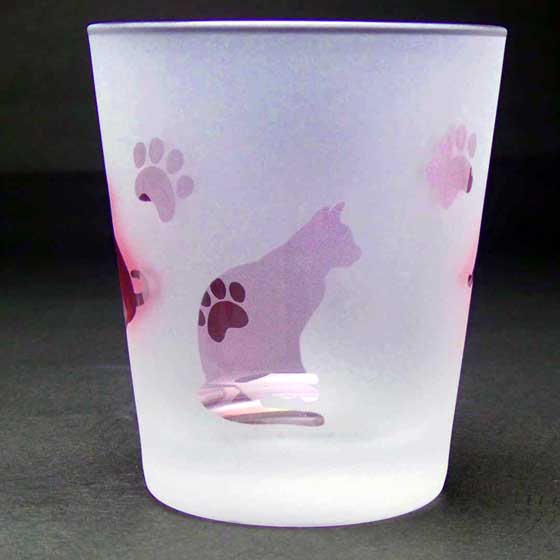 ネコのロックグラス　ペアグラスセット　ピンク色　ラスターガラス　蕨硝子画像