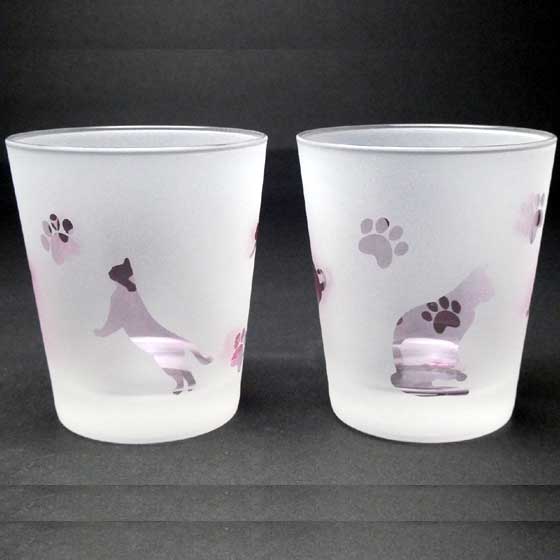 ネコのロックグラス　ペアグラスセット　ピンク色　ラスターガラス　蕨硝子画像
