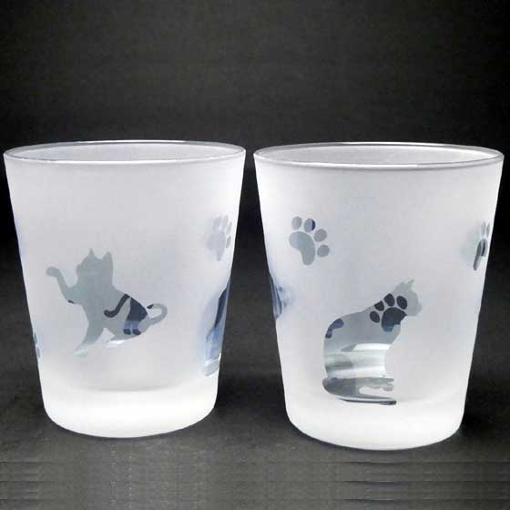 ネコのロックグラス　ペアグラスセット　ブルー色　ラスターガラス　蕨硝子画像