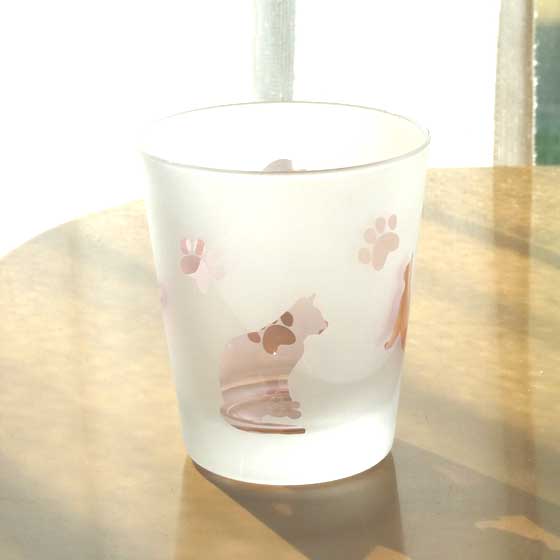 ネコのロックグラス　ペアグラスセット　ピンク＋ブルー色　ラスターガラス　蕨硝子画像
