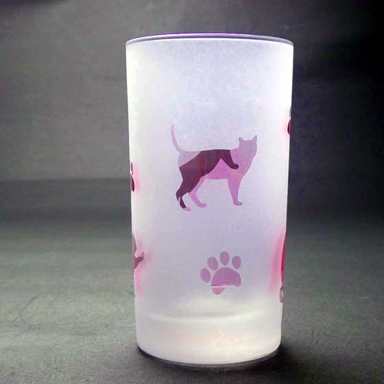ネコのタンブラ－　ペアグラスセット　ピンク色　ラスターガラス　蕨硝子画像