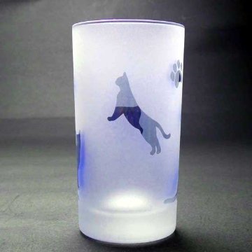 名入れ商品　ネコのタンブラー　ブルー色　ラスターガラス　蕨硝子画像