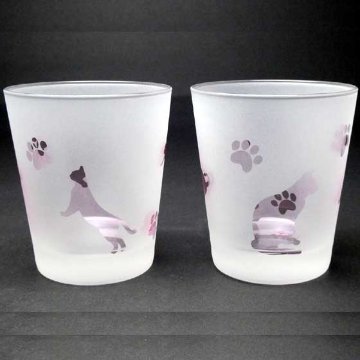 名入れ商品　ネコのロックグラス　ペアセット　ピンク色　ラスターガラス　蕨硝子画像