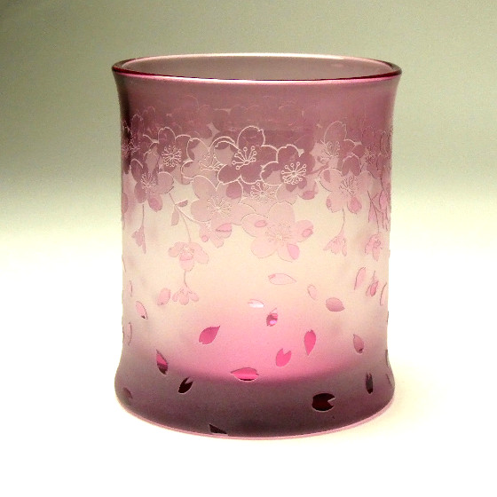 満開桜ロックグラス01　ピンク色　被せガラス　蕨硝子　画像