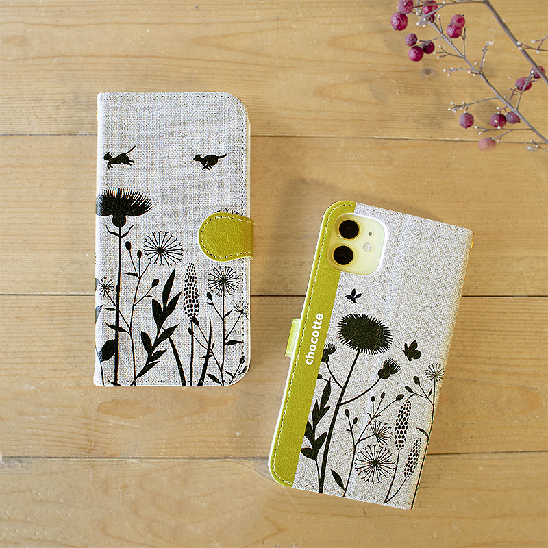 15対応iPhone用あざみとねこのスマホケース（イエローグリーン）の画像