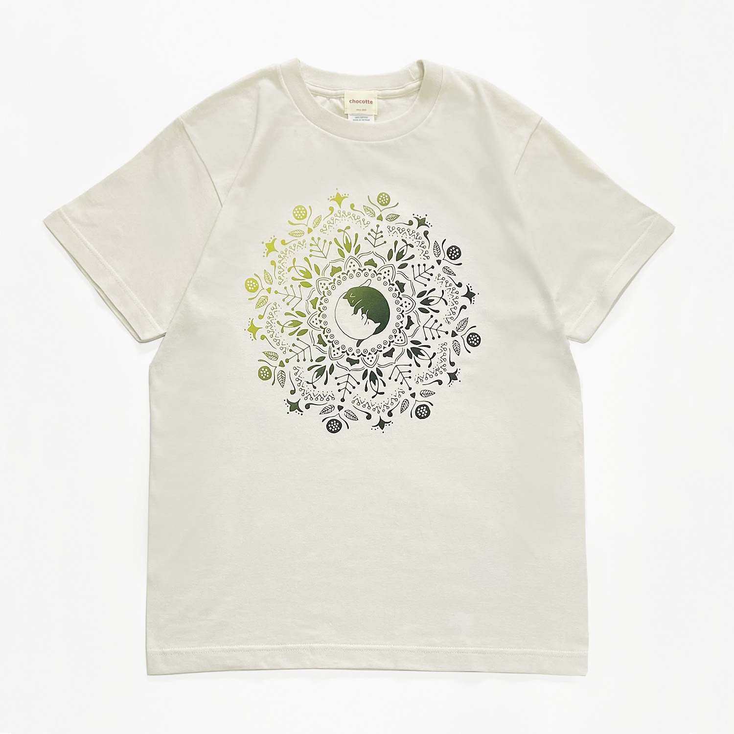 ねこの曼荼羅Tシャツ（グラデーション）黄緑の画像