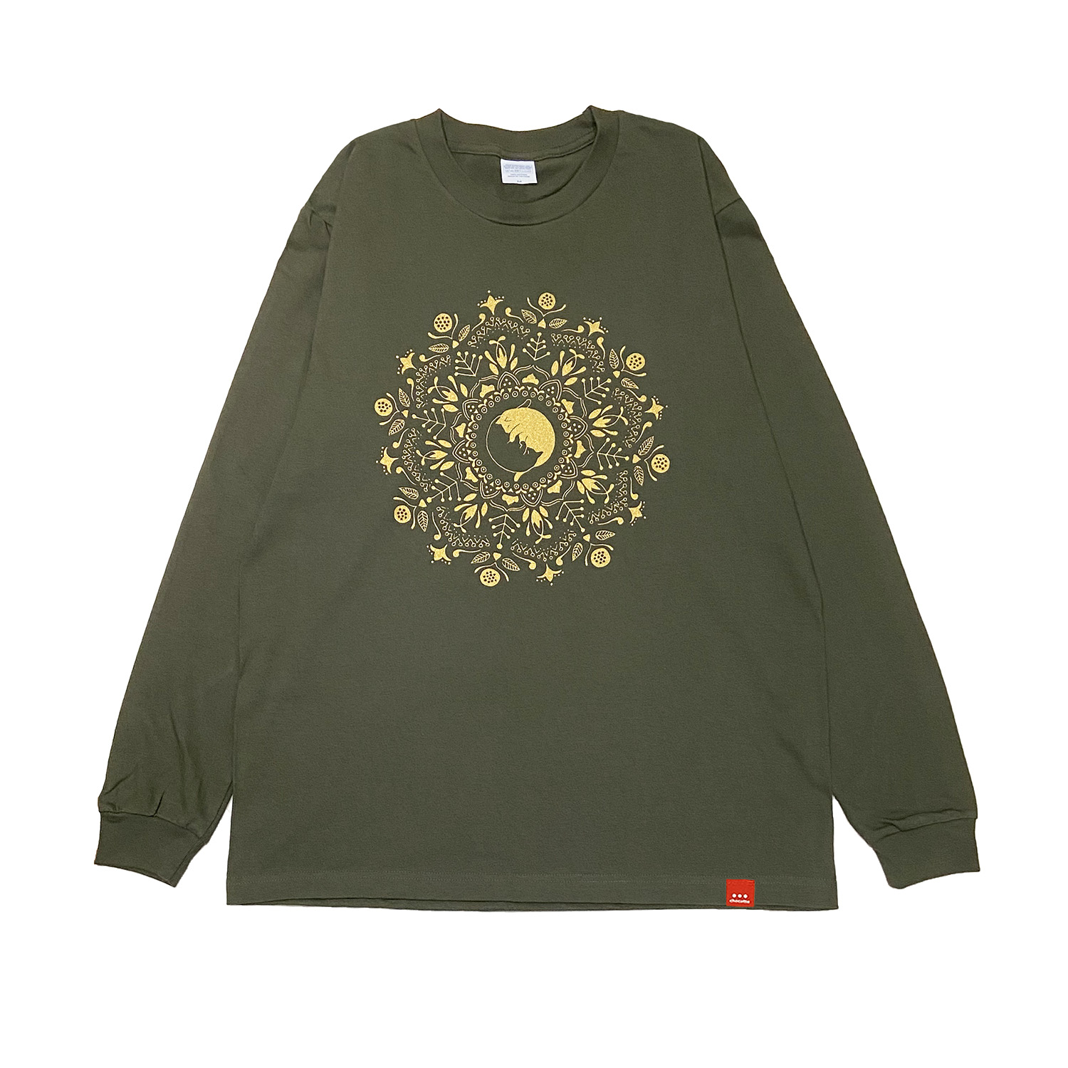 （訳ありSALE）ねこの曼荼羅ロンT（アーミーグリーン）Mサイズの画像