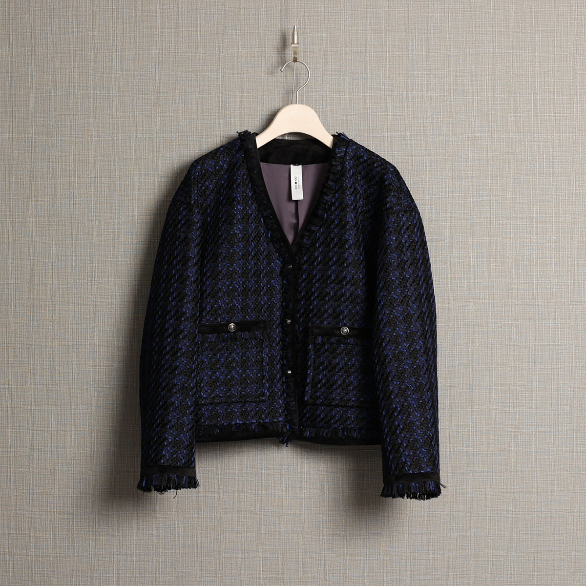 『Tulle houndstooth tweed』 No-collar jacket NAVYの画像