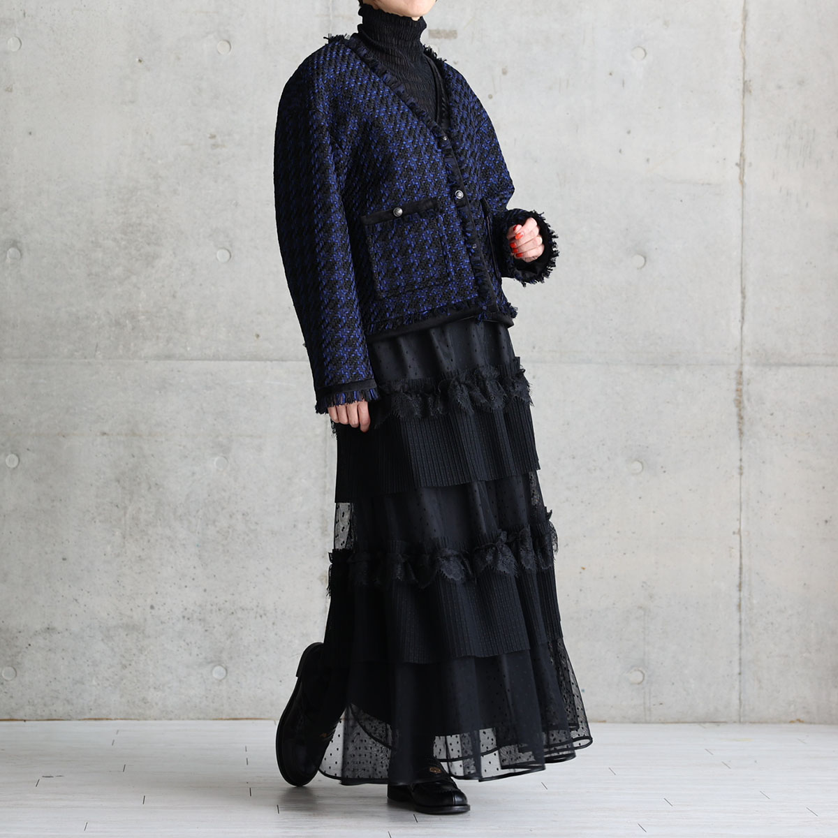 『Tulle houndstooth tweed』 No-collar jacket NAVYの画像