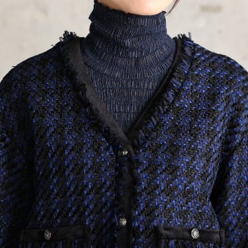 『Tulle houndstooth tweed』 No-collar jacket NAVYの画像