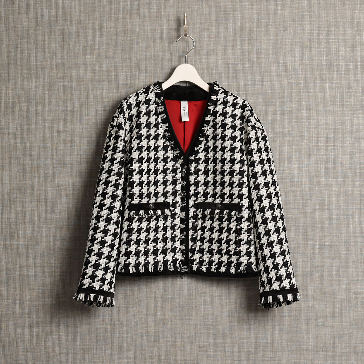 『Tulle houndstooth tweed』 No-collar jacket BLACKの画像