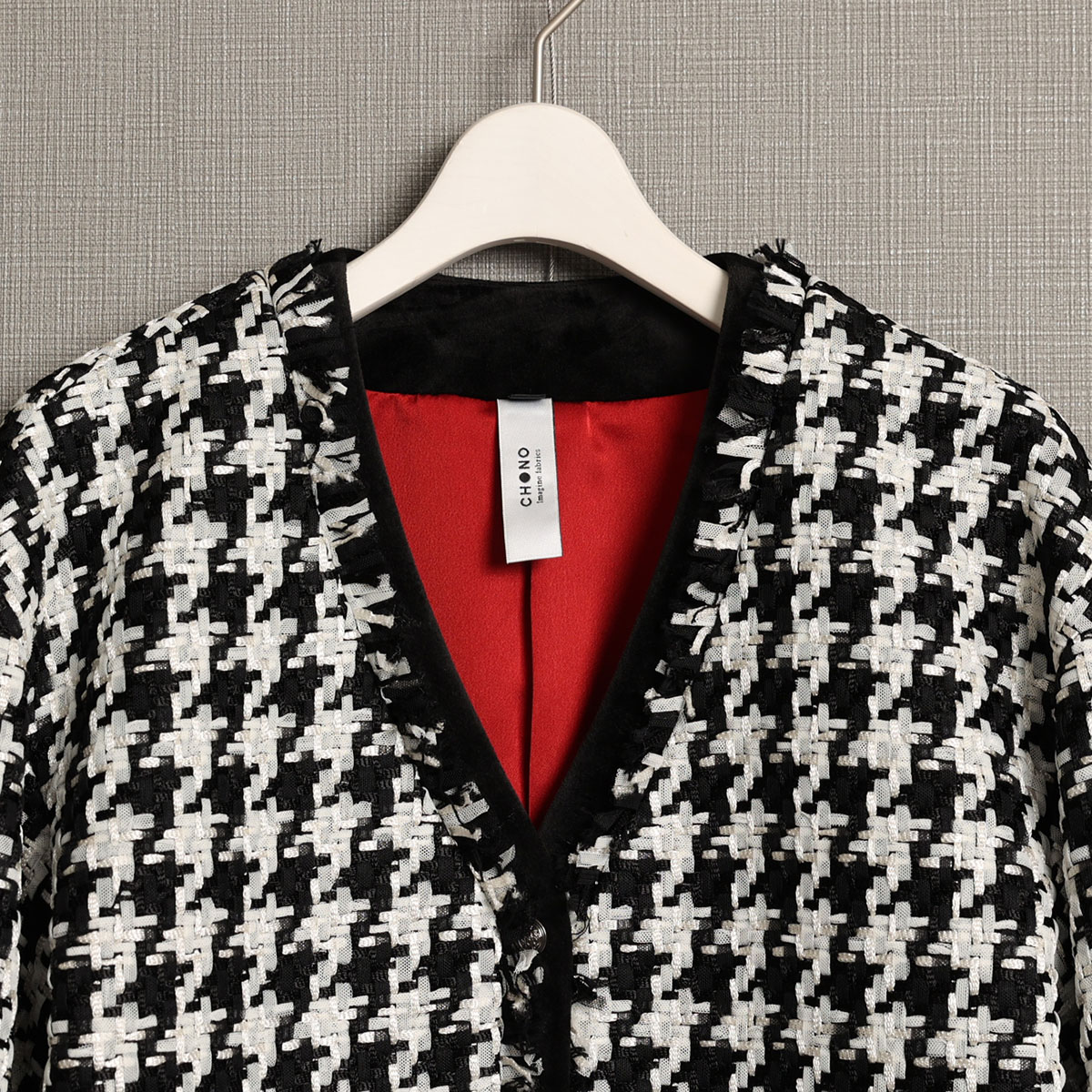 『Tulle houndstooth tweed』 No-collar jacket BLACKの画像